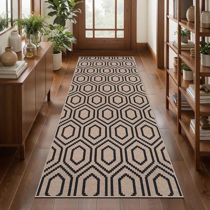 Tangsoo Easy Jute Rug 2x6 Washable Runner Rug for Hallways,Neutral Geometric Thin Non-Slip Indoor Carpet Runner Farmhouse Long Outdoor Rnner Mat for Kitchen Entryway Laundry Bedroom