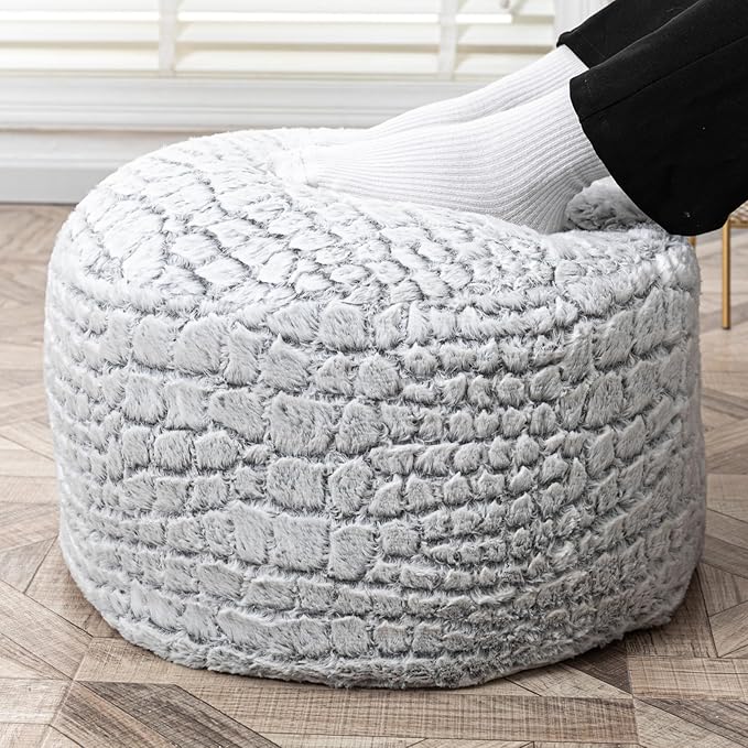 Asuprui Pouf Ottoman Unstuffed Floor Poof Seat Pouf Ottoman Foot Rest Soft Foot Stool 20x20x12 Inches Fuzzy Chair Floor Chair Foot Rest with Storage for Living Room Bedroom Snow Gray
