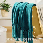Chenille Throw Blanket for Couch 50"X 60", Soft Cozy Throws with Fringe Tassel for Bed Sofa Chair Cover, Lightweight Knitted Decorative Boho Blankets for Living Room, Teal