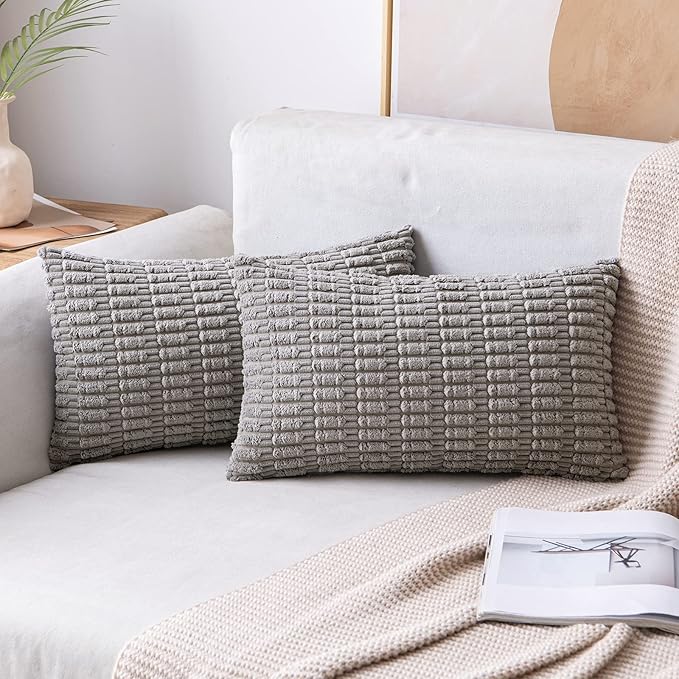 MIULEE Pack of 2 Corduroy Decorative Lumbar Throw Pillow Covers 20x12 Inch Soft Boho Striped Pillow Covers Modern Farmhouse Home Decor for Sofa Living Room Couch Bed Light Grey