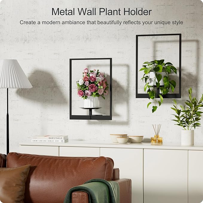 Black Metal Wall Plant Holder - 2-Pack Wall Mounted Plant Stands and Hanging Holders for Indoor Planter and Flower Pot -Rectangle Decor Shelf for Plant Storage (Pot Not Included)
