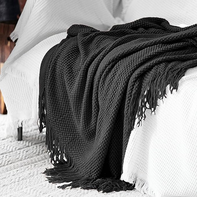 LOMAO Knitted Throw Blanket with Tassels Bubble Textured Lightweight Throws for Couch Cover Home Decor (Black, 50x60)