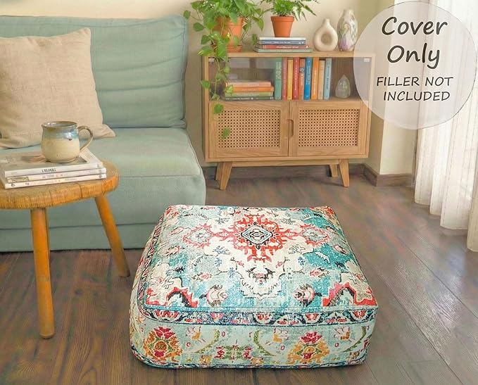 Large Floor Pillow Cover Square Meditatioמ Square Cushion Case Boho Room Décor Moroccan Seating Area Pouf Perfect for Living Room, Bedroom, Nursary or Children Room Cotton 24x8 Unstuffed