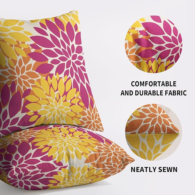 Hot Pink Yellow Orange Pillow Covers 20X20 Inch Set of 2, Spring Summer Floral Dahlia Flower Cream Decorative Throw Pillow Covers Outdoor Modern Farmhouse Cushion Case for Home Couch Sofa Bed Decor