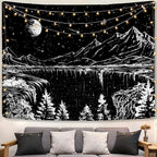 Zussun Black and White Tapestry Starry Night Mountain Tapestries for Bedroom Aesthetic Moon and Stars Tapastry's Wall Hanging Dark Nature Forest Wall Tapestry for Living Room Dorm (60'' × 44'')