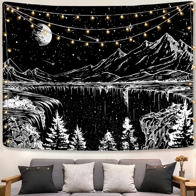 Zussun Black and White Tapestry Starry Night Mountain Tapestries for Bedroom Aesthetic Moon and Stars Tapastry's Wall Hanging Dark Nature Forest Wall Tapestry for Living Room Dorm (80'' × 60'')