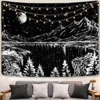 Zussun Black and White Tapestry Starry Night Mountain Tapestries for Bedroom Aesthetic Moon and Stars Tapastry's Wall Hanging Dark Nature Forest Wall Tapestry for Living Room Dorm (90'' × 68'')