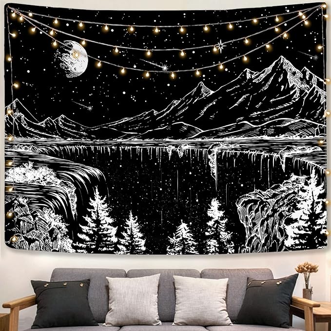 Zussun Black and White Tapestry Starry Night Mountain Tapestries for Bedroom Aesthetic Moon and Stars Tapastry's Wall Hanging Dark Nature Forest Wall Tapestry for Living Room Dorm (90'' × 68'')