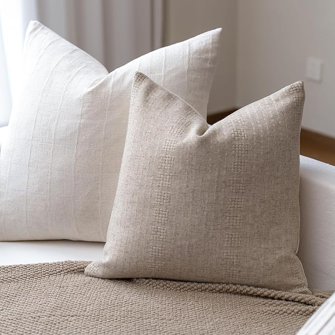 Decorative Neutral Throw Pillow Covers 18x18 Farmhouse Pillow Covers Cotton Stripe Cushion Covers Home Decor for Sofa Couch Living Room Bedroom 1PC, Waffle