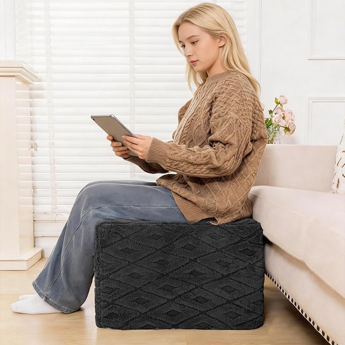 Fluffy Square Ottoman Pouf with All-in-One Foam Filling 20 x 14 Inches Furry Ottoman Foot Rest Foot Stool for Living Room or Bedroom (Gray)