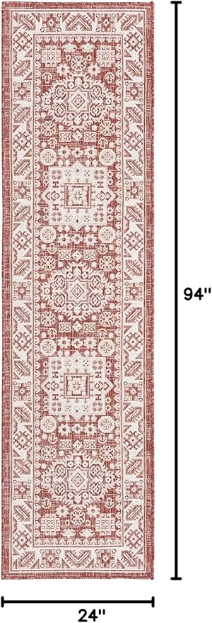 Rugs.com Outdoor Aztec Collection Rug – 8 Ft Runner Rust Red Flatweave Rug Perfect for Hallways, Entryways