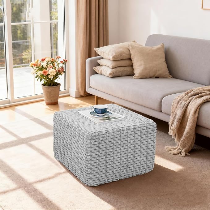 Asuprui Round Square Pouf Ottoman Foot Rest – Lightweight Modern Footstool with Plush Foam Filling, Perfect for Living Room Decor & Cozy Comfort – 20x20x14 Inch Chic Accent Piece (Light Gray)