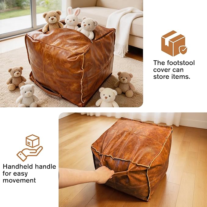 2PCS 17 * 17 * 13in Unstuffed Ottoman Pouf Cover DIY Fillable Faux Leather Storage Floor Pouf Square Unstuffed Ottoman Foot Rest Footstool with Handle for Living Room Bedroom Home Storage