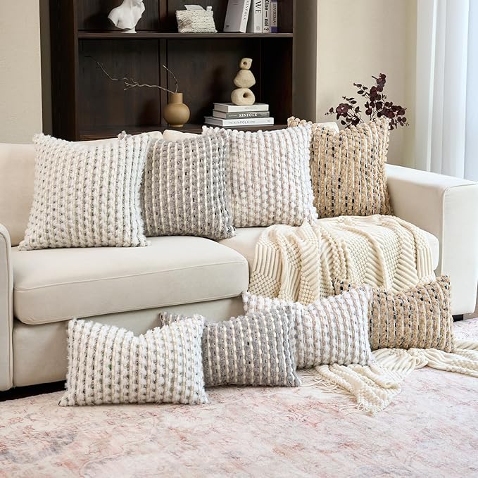 Aeckself Handmae Boho Chenille Tufted Pillow Cover 12x20 Inch, Rectangle Decorative Lumbar Throw Pillow Cover Neutral Pillowcase for Couch Bedroom Living Room, Grey White