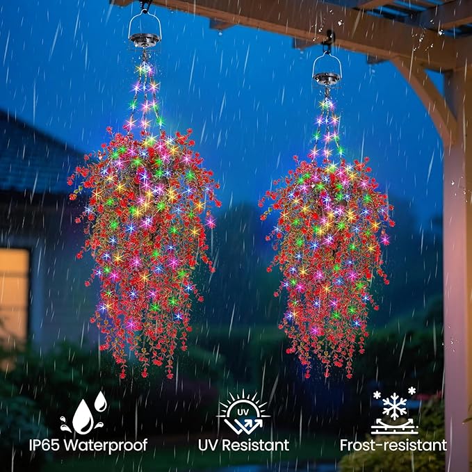Solar Hanging Basket with Artificial Flowers: UV Resistant Fake Plants Basket with RGB Lights for Summer Decor - 2 Pack Cone Baskets with 8PCS Faux Silk Flower Flowers for Outdoor Garden Porch Patio