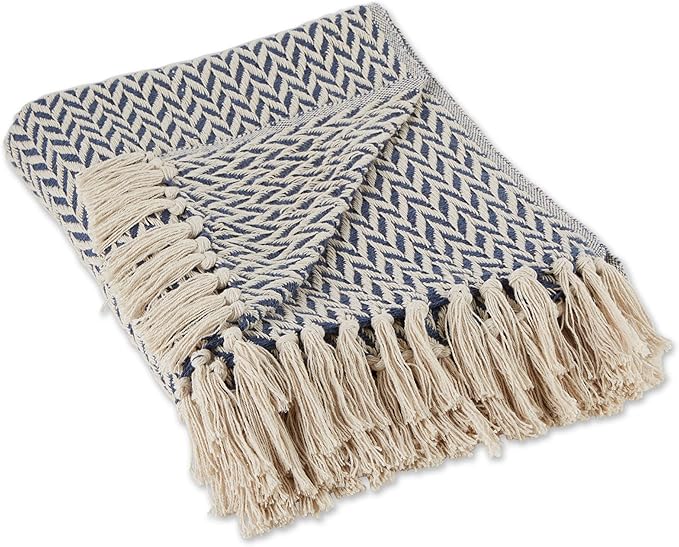 DII Modern Zig Zag Throw Blanket Woven Cotton, Hand-Knotted 2.5" Fringe, 50x60, Nautical Blue