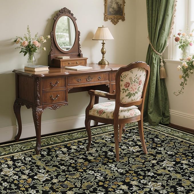 GarveeHome 6x9 Area Rugs Washable Rugs for Living Room, Boho Vintage Rug Non Slip Low Pile Stain Resistance Indoor Soft Large Carpet for Bedroom Dining Room Office Green Black