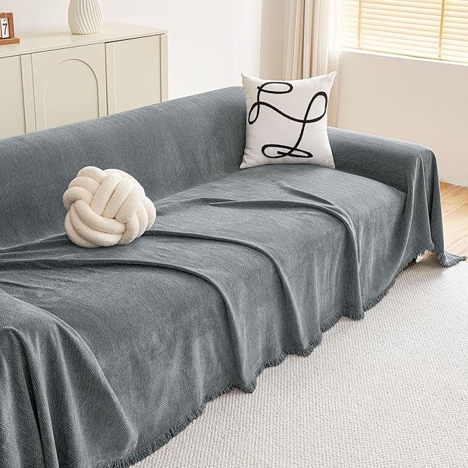 hyha Couch Cover for Dogs, Boho Sofa Covers for 3 Cushion Couch Washable, Chenille Sofa Slipcover for Pets, Soft Loveseat Sectional Couch Throw Blankets with Tassels (Grey, 88.5x134 Inch)
