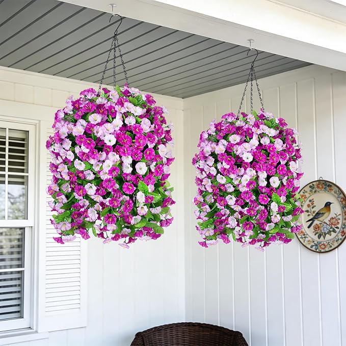 Artificial Flowers with Hanging Basket, Outdoor Faux Plants Silk Morning Glory Vines, Fake Green Arrangement for Garden Patio Spring Summer Decor(Darkorchid)