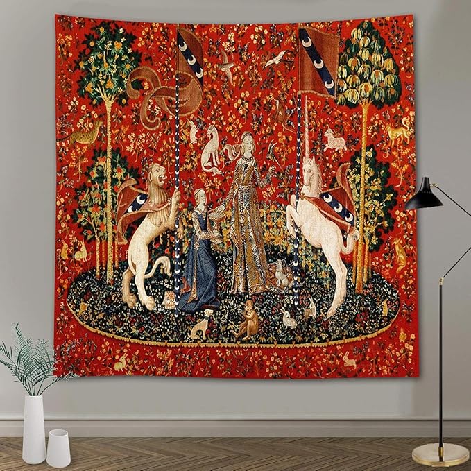 FEASRT European Medieval Royal Tapestry - Maiden and Unicorn, 90x84 Inches Soft Flannelette, for Decorative Wall Art Collection