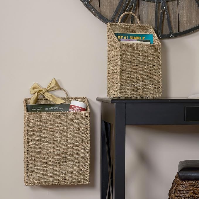 Rectangular Wicker Hanging Baskets, Set of 2, Small and Large, Handwoven Seagrass, Durable Metal Wire Frame, Multipurpose and Contemporary, Perfect for Organizing Newspapers, Mail and More, Natural