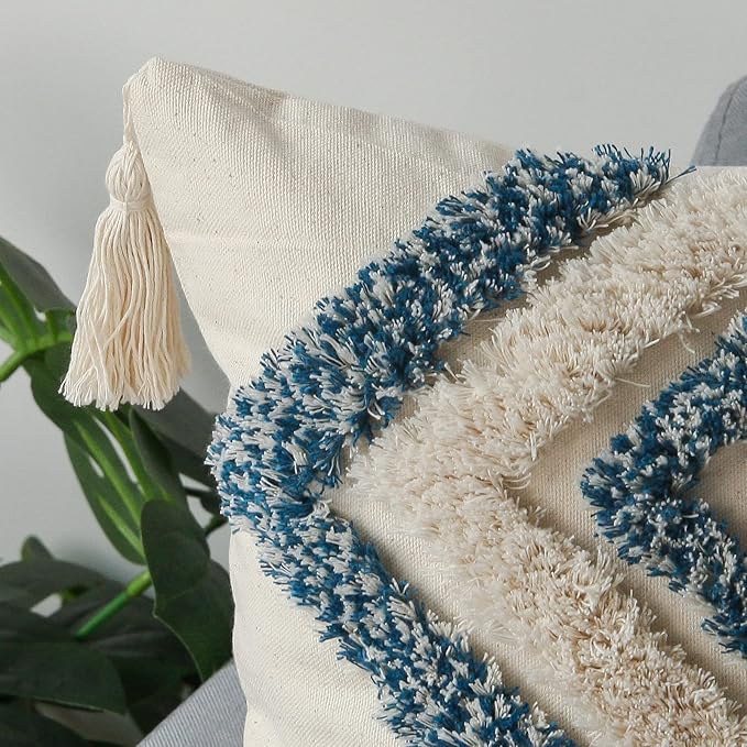 JASEN Blue and Beige Boho Decorative Throw Pillow Cover, Woven Tufted Pillow Cover with Tassels Diamond Pattern Pillow Covers 18x18 for Couch Sofa Bedroom Living Room(No Pillow Insert