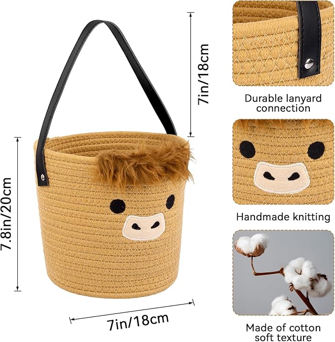 2 Pack Highland Cow Woven Hanging Basket with Leather Handle, Small Cute Brown Cotton Rope Wall Storage Basket for Plants Toys Remotes, Foldable Round Boho Decor (7.8x7inch)