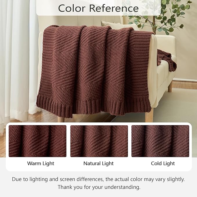 Knitted Throw Blanket 50"X60", Brown Knit Throws for Bed, Super Soft Boho Chevron Blankets for Couch Sofa Chair Room Decor, Textured Decorative Farmhouse Cozy Lightweight
