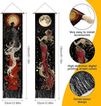 AOHMPT Pack of 2 Long Vertical Tapestry,Nature Landscape Tapestry with Serene Mountain River, Moon & Sun Motifs,Traditional Ink Painting Wall Art , Zen Aesthetic Wall Hanging for Living Room Bedroom Decor 13" W x 51" H"