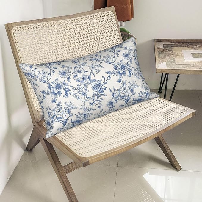 Blue Pillow Covers 12x20 Set of 2 Chinoiserie Blue and Cream Floral Throw Pillows Vintage Rustic Toile Flower Decorative Pillowcase Outdoor Chinoiserie Decor Lumbar Cushion Case for Couch Bed