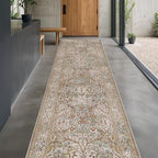 Non Slip 2x10 Moss Green Hallway Runner - 10ft Long Runner Rugs, Washable Kitchen Floor Mat - Vintage Brown Taupe Neutral Floral Design Décor