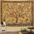 Faxdong Boho Tree of LIfe Tapestry, Vintage Flower Leaves Birds Plant Animal Pattern Tapestries, Retro Indian Bohemian Aesthetic Wall Hanging Orange Yellow 36×48 inch