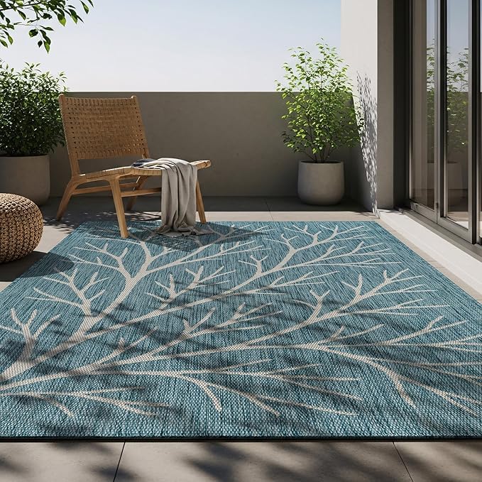 Washable Indoor Outdoor Rug 5x7 Modern Area Rugs Branch Pattern Non Shedding Waterproof Easy Clean Patio Deck Porch Living Room Bedroom Garden RV (5 X 7 Aqua)