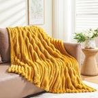 NEWCOSPLAY Super Soft Twin Blanket Mustard Yellow Premium Silky Flannel Fleece 3D Ribbed Jacquard Lightweight Bed Blanket All Season Use (Mustard Yellow Ribbed, Twin(60"x80"))