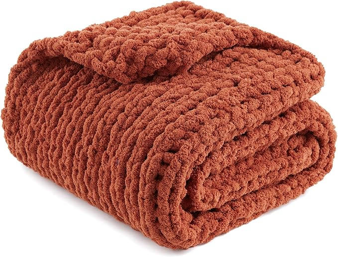 Amélie Home Chunky Knit Throw Blanket for Couch, Soft Chenille Crochet Blanket for Sofa, 50"x60", Burnt Orange