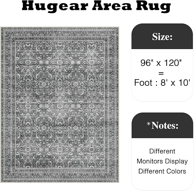 HUGEAR Area Rug 8x10 Vintage Grey Machine Washable Living Room Rugs Distressed Retro Floral Vacuumable Low Pile Carpet Bedroom Office Dining Room Laundry Room Non Slip Soft Lightweight
