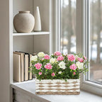 Artificial Rose Flowers with Woven Basket, Faux Roses in Fake Rattan Planter for Table Centerpiece, Romantic Floral Arrangement for Home Bedroom Spring Wedding Sweet Decor, Cream White & Soft Pink