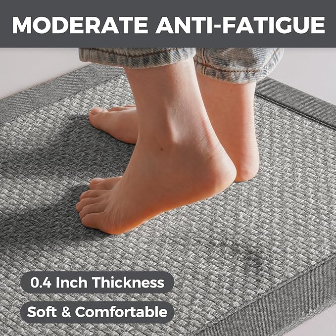 Kitchen Rugs Mat Non Slip Washable, 0.4" Thick Anti Fatigue Cushioned Kitchen Mats for Floor, Absorbent Jute-Look Kitchen Runner Rug Sink Mat Laundry Standing Mats, Easy Clean, Gray 17"x47"