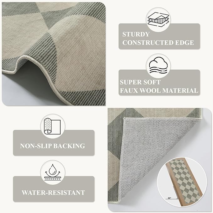 Beeiva Checkered Rug Runners for Hallways Non Slip, 2x4 Washable Runner Rug for Kitchen Ultra Thin Green Entryway Runner, Gingham Diamond Decor Farmhouse Throw Carpet for Bathroom Laundry
