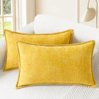 CaliTime Throw Pillow Covers Decorative 12 X 20 Inches Pack of 2 Cotton Thread Stitching Edges Solid Dyed Soft Chenille Cushion Cases for Couch Sofa Bed Living Room Farmhouse Mustard Yellow