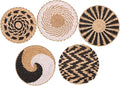 HJJWNDDNG 5 Pack Boho Wall Basket Decor Set, Hanging Woven Seagrass Rattan Wicker Boho Wall Decor, Round Farmhouse Wall Hanging Baskets Rustic Flat Wall Art for Living Room Bedroom Kitchen