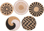 HJJWNDDNG 5 Pack Boho Wall Basket Decor Set, Hanging Woven Seagrass Rattan Wicker Boho Wall Decor, Round Farmhouse Wall Hanging Baskets Rustic Flat Wall Art for Living Room Bedroom Kitchen