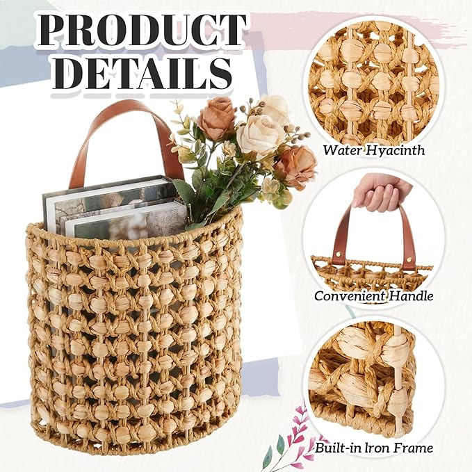 Chunful 2 Pcs Water Hyacinth Hanging Wicker Basket, Natural Wicker Decorative Baskets, Handmade Woven Storage Organizer for House Garden Wedding Wall Decorations, Large & Small Size(Classic Plaid)