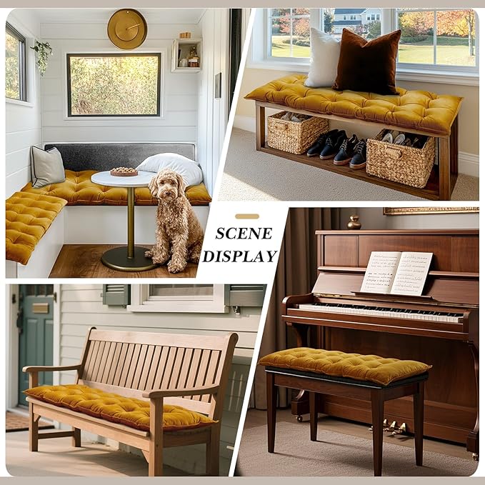 Bench Cushion for Indoor Furniture 42x16 in Velvet Thicken Indoor Window Seat Cushion, Soft Piano Sofa, Entryway Storage, Bay Window Tufted Patio Porch Swing Bench Pad Memory Foam(Turmeric)