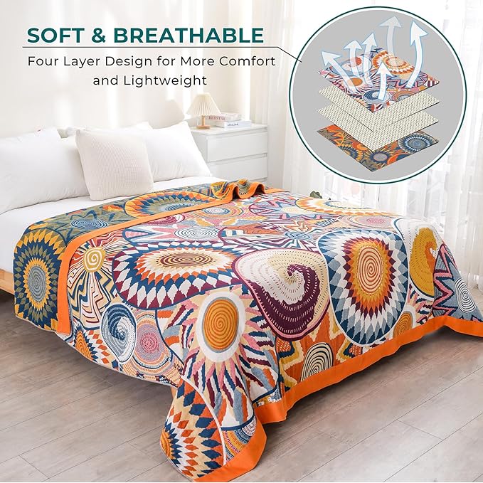 Queen Boho Throw Blanket for Bed 100% Cotton Ultra Soft Rustic Cozy Muslin Quilt Farmhouse Decor Bed Blanket,80"×90" All Season Rustic Throw for Sofa Couch,Colourful Sun