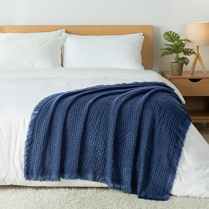 Exclusivo Mezcla Twin Size Knit Blanket with Fringes for Bed, Reversible Super Soft and Warm Woven Boho Throw for All Season, Home Decor, 60"x80", Navy Blue