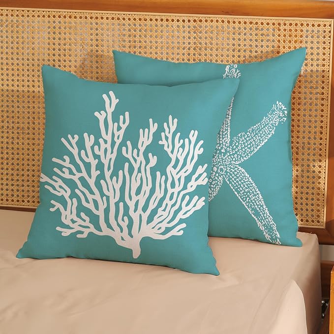 Coastal Pillow Covers 20x20 Set of 2 Aqua Teal Turquoise Coral Starfish Throw Pillows Nautical Ocean Decorations Summer Linen Beach Pillowcase Outdoor Decor Farmhouse Cushion Case for Couch