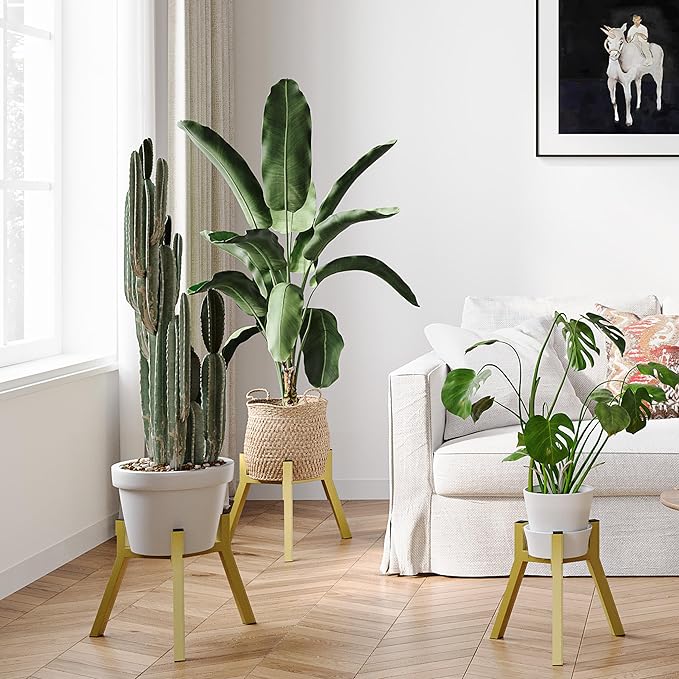 Adjustable Plant Stands Set of 2, Metal Small Plant Holder, Heavy Duty Stable Flower Holder Stand Rack for Various Pot Sizes Indoor Outdoor Corner Living Room Balcony Office Golden PS-007GY-2