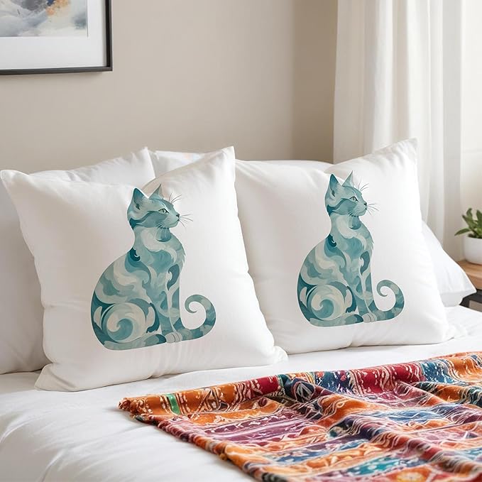 Abstract Blue Sea Cat Pillow Covers 18x18, Gifts for Cat Lovers Mom Lady Owners, Elegant Kitten Kitty Decorative Pillow Covers for Home Bedroom Living Room Decor, Pet Lover Gifts