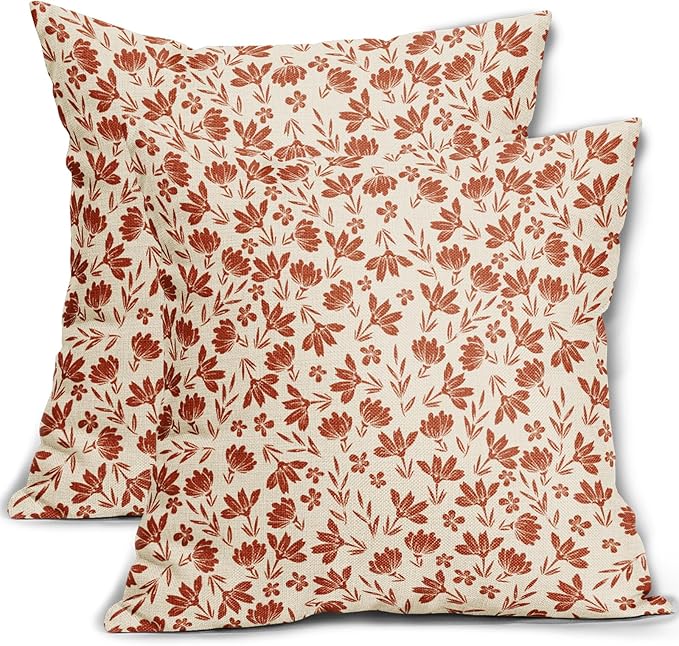Burnt Orange Floral Pillow Covers 20x20 Set of 2 Vintage Rustic Old Style Cute Flower Orange Cream Print Decorative Outdoor Pillowcases Fall Farmhouse Throw Cushion Case Decor for Couch Sofa Bed